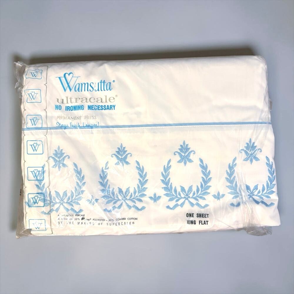 Vintage RARE Wamsutta Ultracale Flat Sheet King White Blue Embroidery Coquette